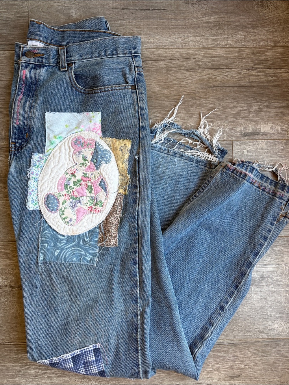 Upcycled Patchwork Straight Leg High Waist Jeans 34